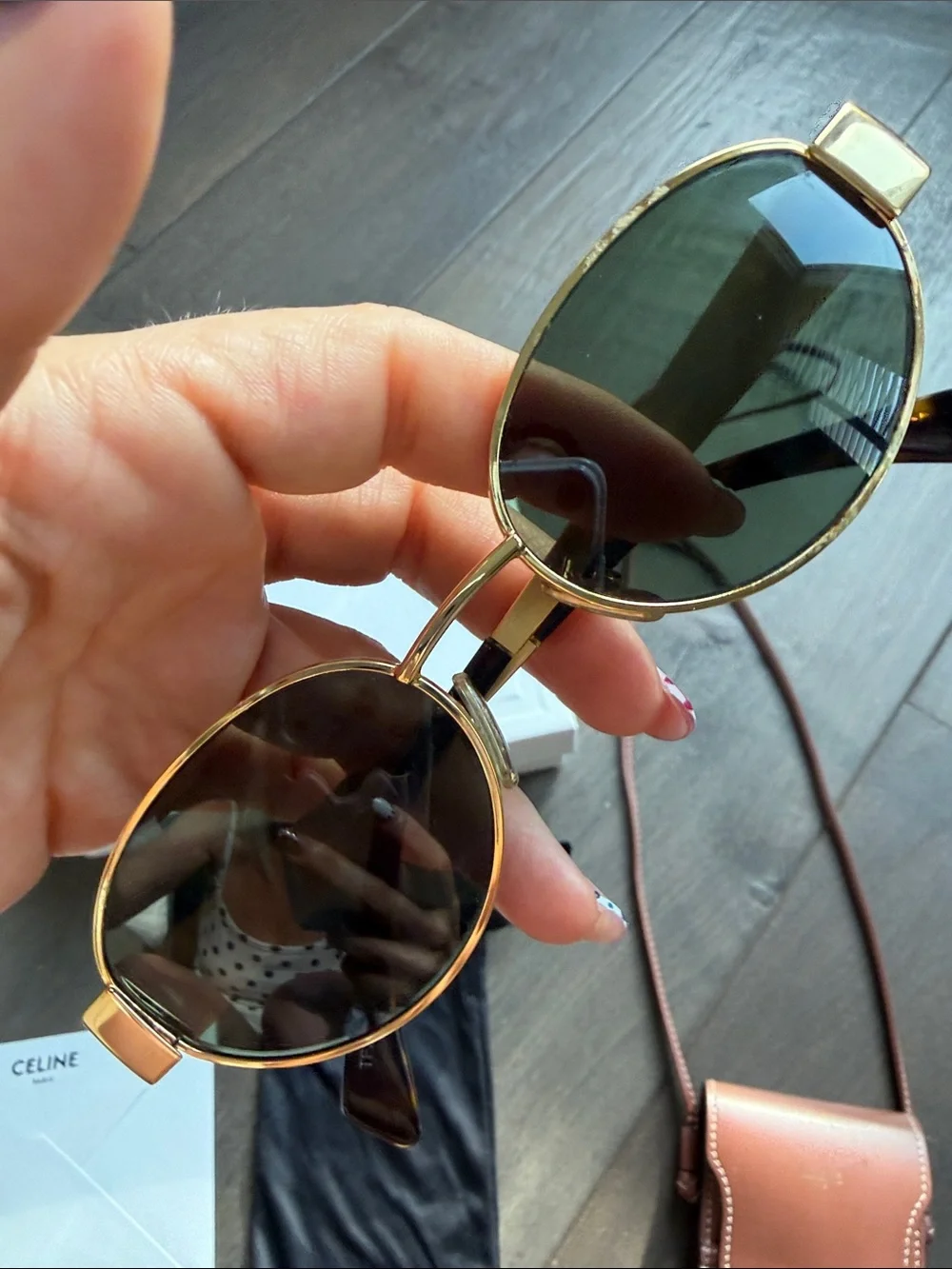 Celine Gold Sunglasses with Brown Leather Crossbody Pouch